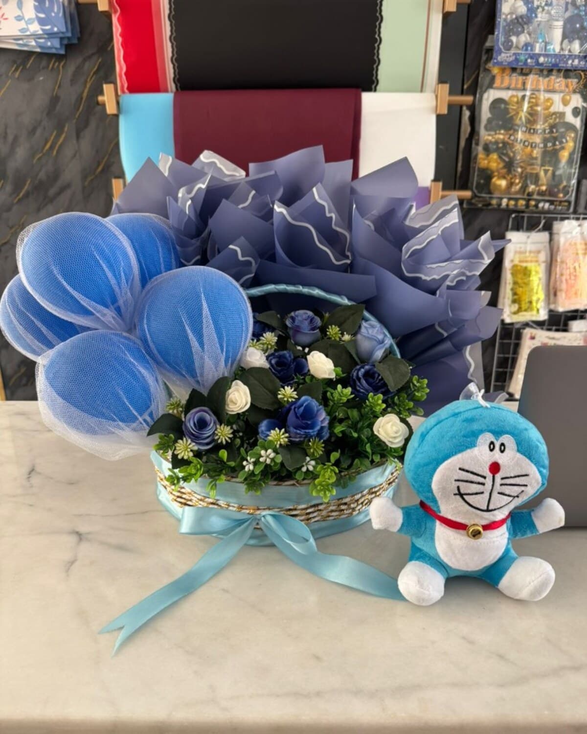 Doraemon Azure Dream Basket fresh flower bouquet by Phool Pattiyan Lahore