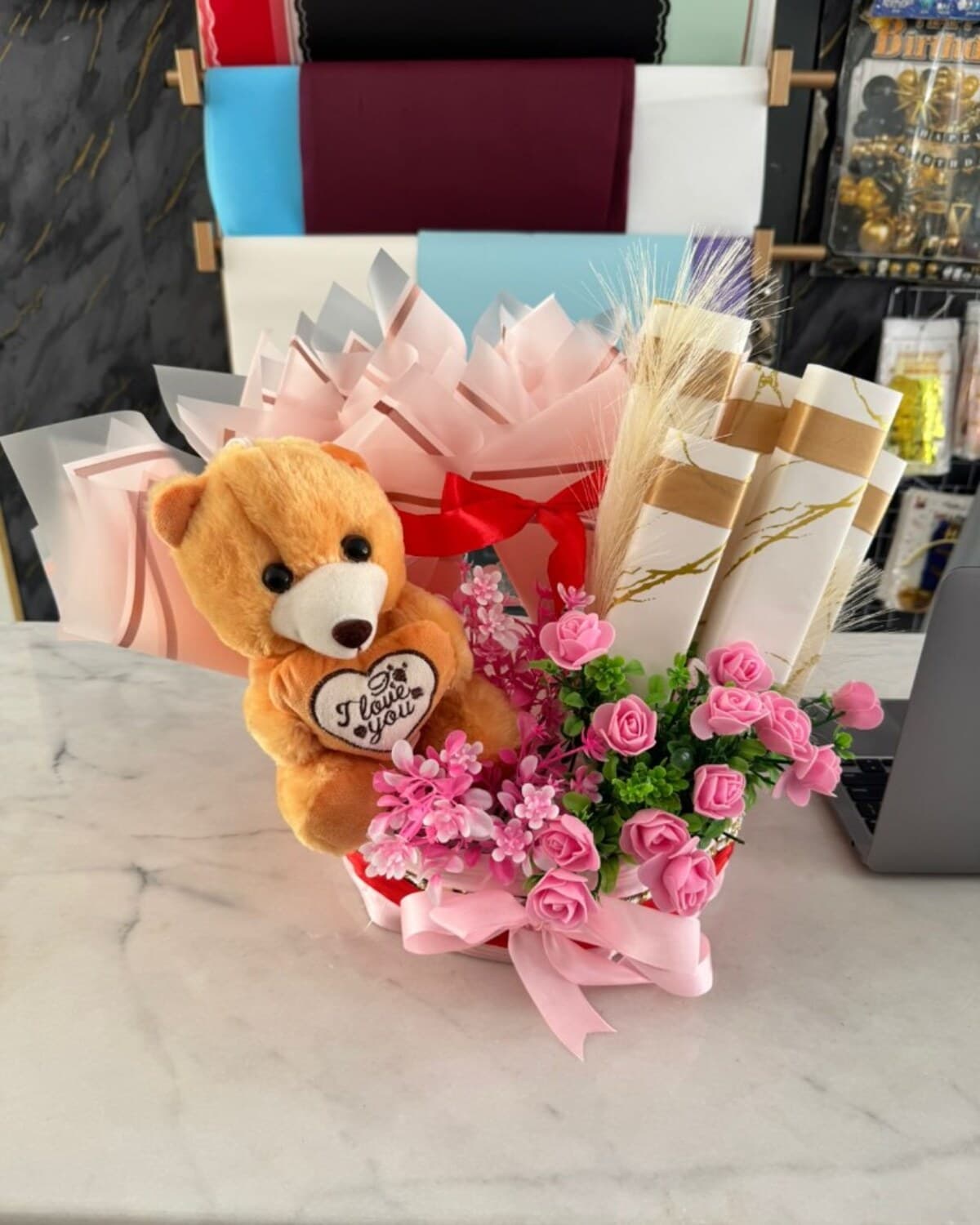 Golden I Love You Teddy Basket fresh flower bouquet by Phool Pattiyan Lahore