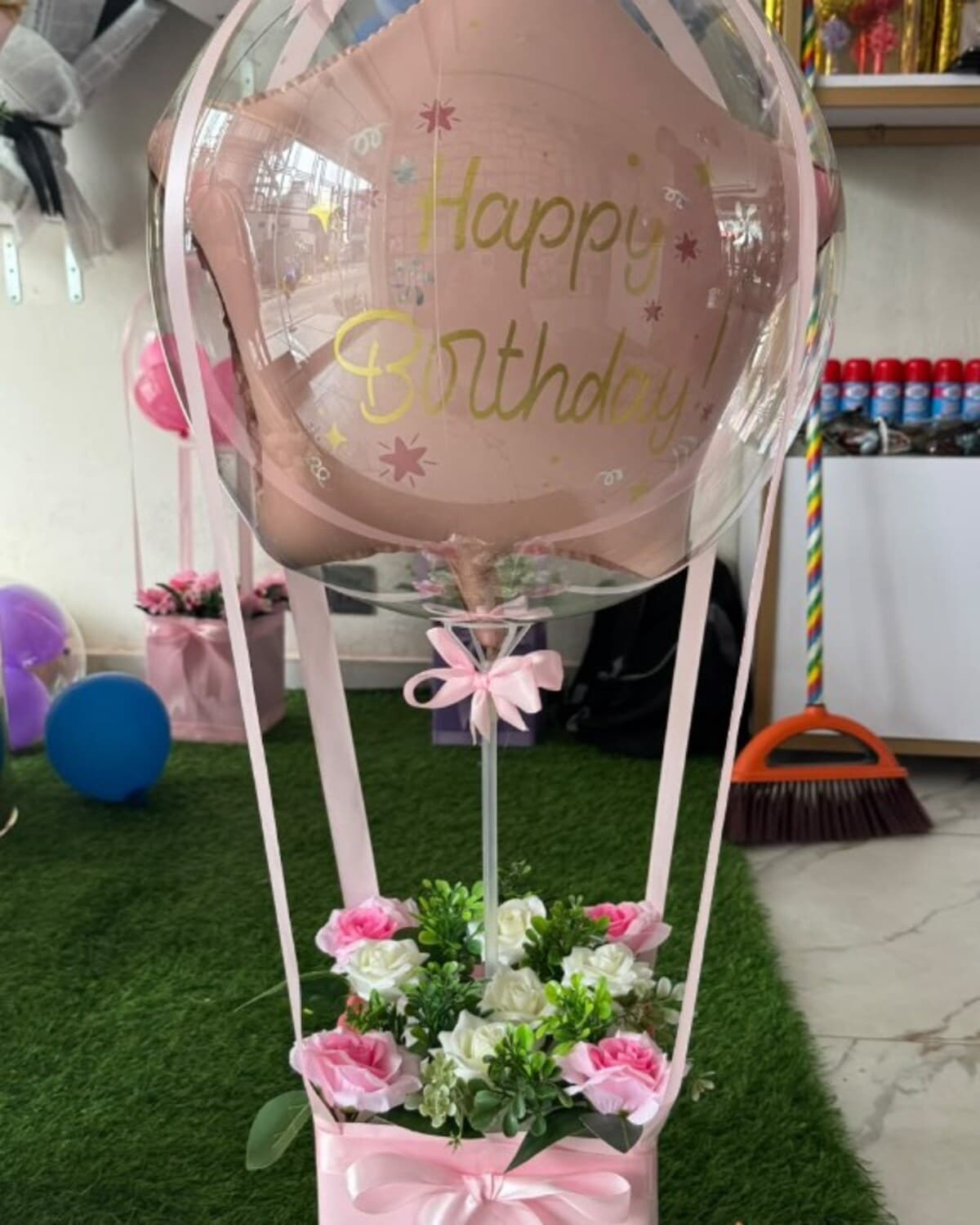Pink Birthday Hot Air Balloon Gift Box fresh flower bouquet by Phool Pattiyan Lahore