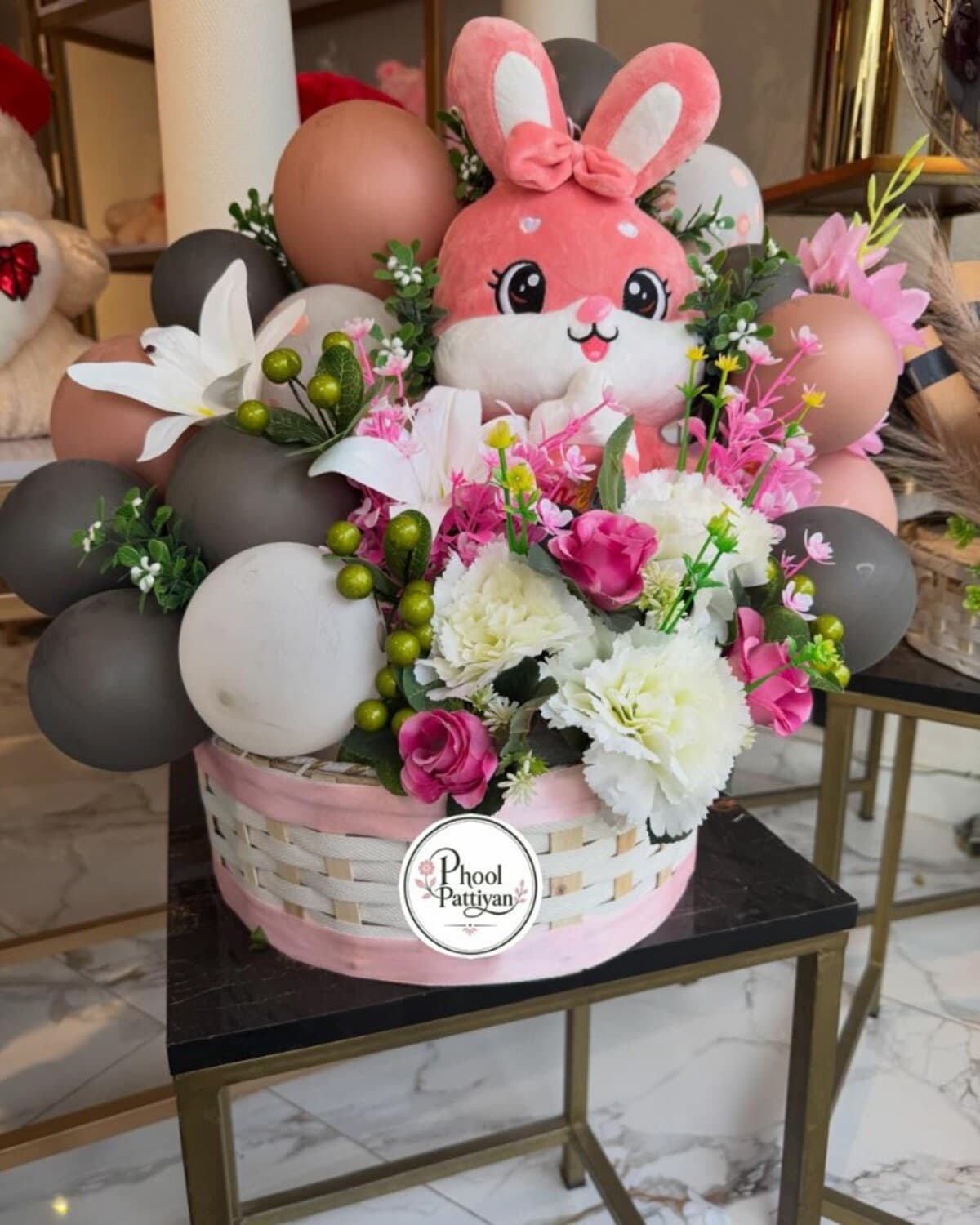 Pink Bunny Celebration Basket fresh flower bouquet by Phool Pattiyan Lahore