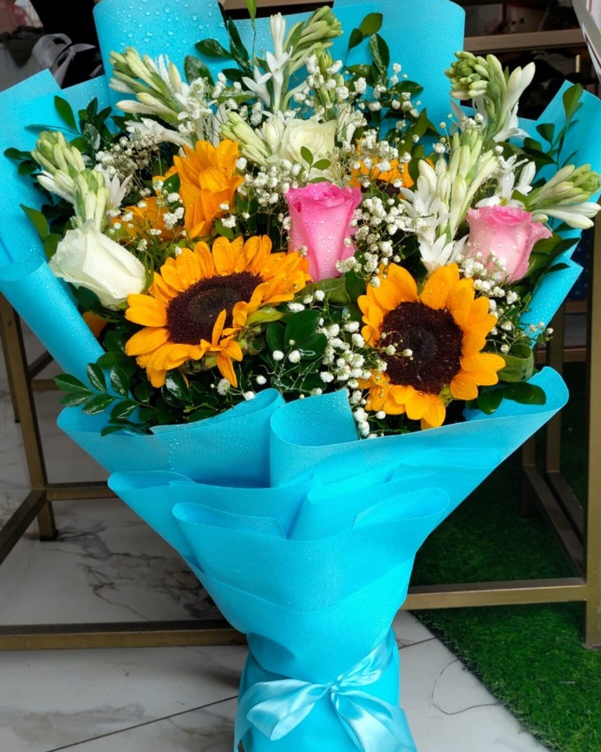 Turquoise Sunshine Bouquet fresh flower bouquet by Phool Pattiyan Lahore